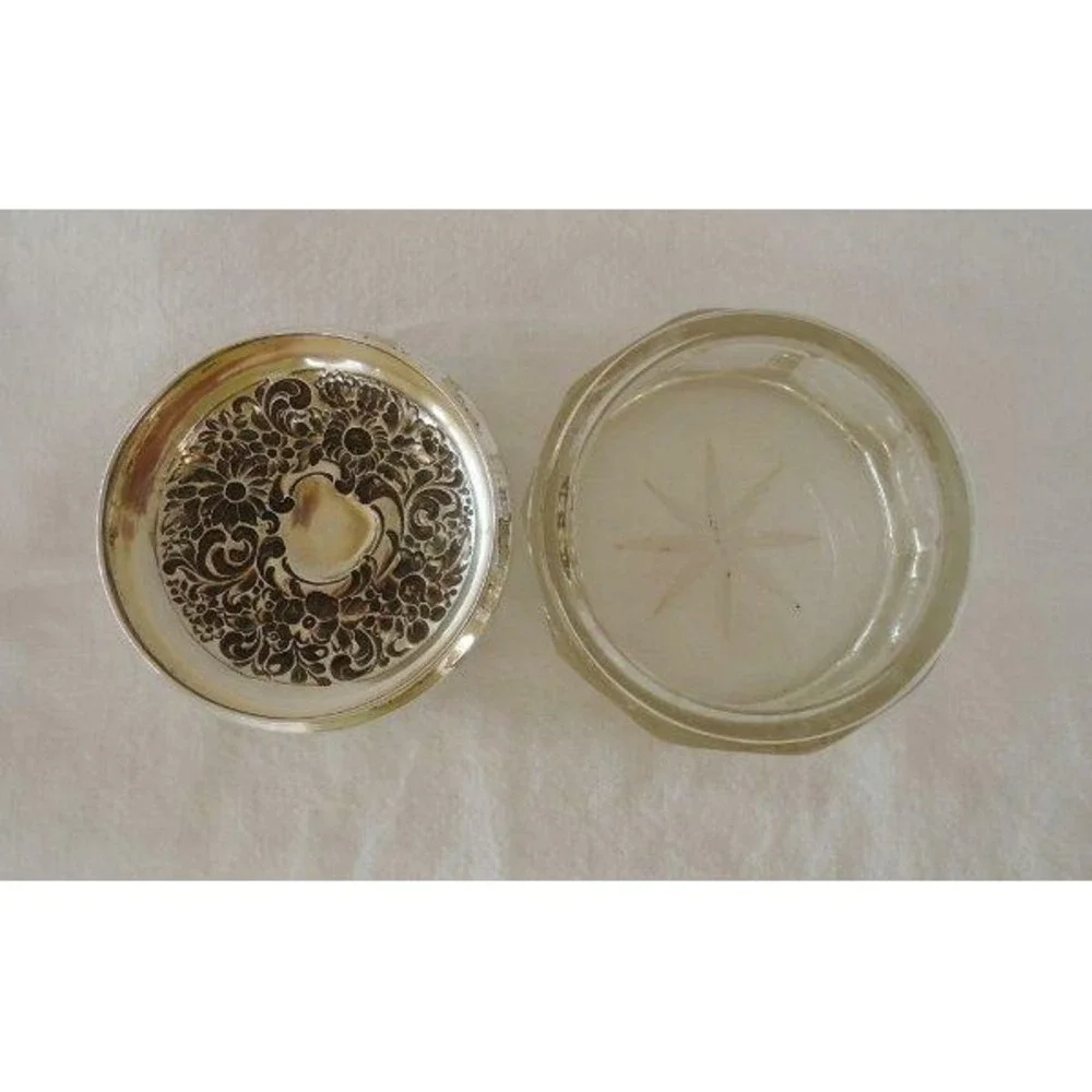 Antique Cut Glass Powder Jar Sterling Silver Lid Monogram FMC 1899 Clear Paneled